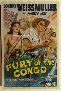 5p347 FURY OF THE CONGO 1sh '51 cool art of Johnny Weissmuller as Jungle Jim!