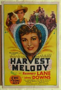 5p419 HARVEST MELODY 1sh '43 pretty Rosemary Lane, Johnny Downs, western musical!