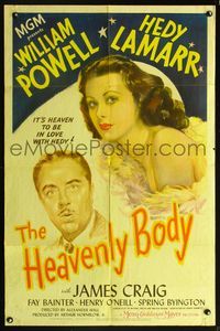 5p427 HEAVENLY BODY 1sh '44 William Powell, sexy Hedy Lamarr!