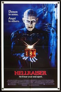 5p445 HELLRAISER 1sh '87 Clive Barker horror, great image of Pinhead, he'll tear your soul apart!