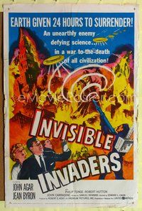 5p490 INVISIBLE INVADERS 1sh '59 cool artwork of alien who gives Earth 24 hours to surrender!
