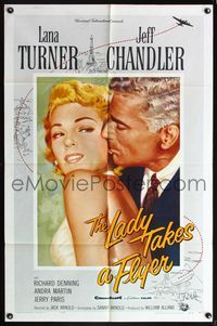 5p518 LADY TAKES A FLYER 1sh '58 art of Jeff Chandler close-up with sexy Lana Turner!