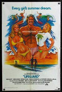5p539 LIFEGUARD 1sh '76 artwork of barechested Sam Elliot with sexy beach babes by Roger Huyssen!