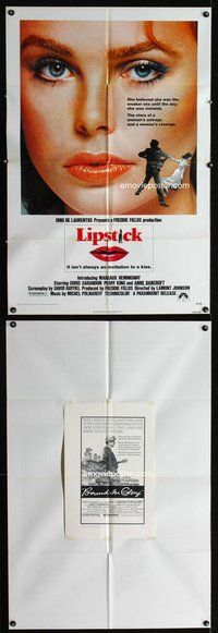 5p541 LIPSTICK 1sh '76 super close up of sexy Margaux Hemingway, the story of a woman's revenge!