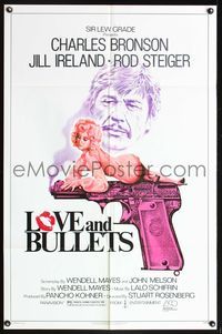 5p555 LOVE & BULLETS 1sh '79 art of Charles Bronson, sexy Jill Ireland laying on gun!
