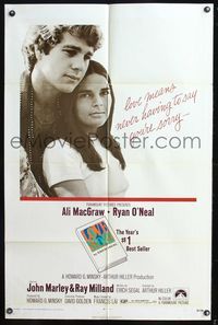5p560 LOVE STORY 1sh '70 great romantic close up of Ali MacGraw & Ryan O'Neal!