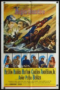 5p576 MAJOR DUNDEE 1sh '65 Sam Peckinpah, Charlton Heston, cool Civil War battle art!