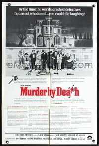 5p631 MURDER BY DEATH text style 1sh '76 Charles Addams artwork of cast by dead body & spooky house!
