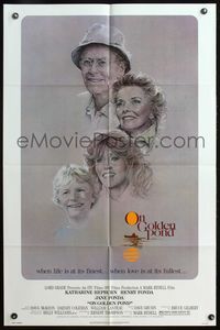 5p667 ON GOLDEN POND 1sh '81 art of Katharine Hepburn, Henry Fonda, and Jane Fonda by C.D. de Mar!