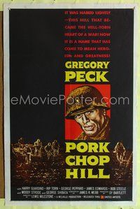 5p706 PORK CHOP HILL 1sh '59 Lewis Milestone directed, cool art of Korean War soldier Gregory Peck!