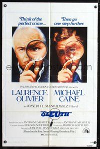 5p778 SLEUTH 1sh '72 close-ups of Laurence Olivier & Michael Caine with magnifying glasses!