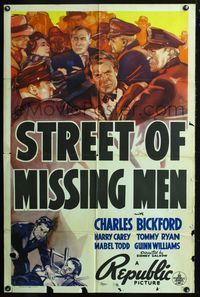 5p816 STREET OF MISSING MEN 1sh '39 Charles Bickford, Harry Carey, Tommy Ryan, cool artwork!