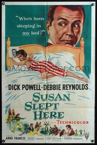 5p828 SUSAN SLEPT HERE style A 1sh '54 great artwork of sexy Debbie Reynolds sprawled out on bed!