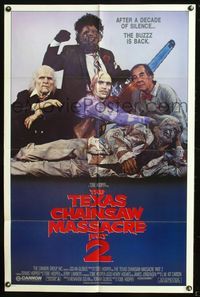 5p856 TEXAS CHAINSAW MASSACRE PART 2 family style 1sh '86 Tobe Hooper horror sequel, cast portrait!