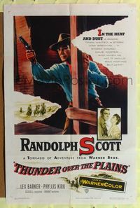 5p876 THUNDER OVER THE PLAINS 1sh '53 cowboy Randolph Scott hits like a tornado!