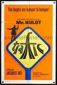 5p891 TRAFFIC 1sh '71 Jacques Tati as Mr. Hulot, cool signpost art!