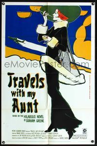 5p894 TRAVELS WITH MY AUNT 1sh '72 from Graham Greene's novel, cool Art Nouveau-style art!