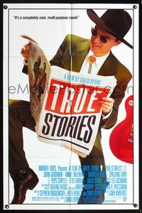 5p914 TRUE STORIES blue credits 1sh '86 giant image of star & director David Byrne reading newspaper