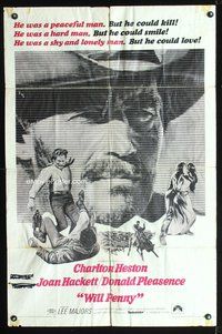 5p969 WILL PENNY 1sh '68 close up of cowboy Charlton Heston, Joan Hackett, Donald Pleasance!