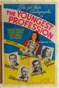 5p994 YOUNGEST PROFESSION 1sh '43 Weidler gets autographs from Lana Turner, William Powell & more!