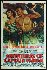 5q012 ADVENTURES OF CAPTAIN FABIAN 1sh '51 art of barechested Errol Flynn & sexy Micheline Prelle!