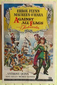 5q014 AGAINST ALL FLAGS 1sh '52 cool Brown artwork of pirate Errol Flynn w/swashbuckling O'Hara!