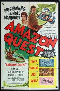 5q021 AMAZON QUEST 1sh '49 great artwork images of Tom Neal in a frightening jungle manhunt!