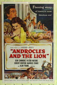 5q025 ANDROCLES & THE LION 1sh '52 artwork of Victor Mature holding Jean Simmons!