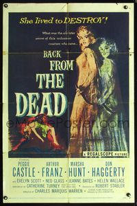 5q038 BACK FROM THE DEAD 1sh '57 Peggie Castle lived to destroy, cool sexy horror art & image!