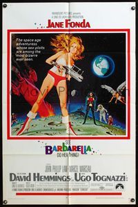 5q049 BARBARELLA 1sh '68 sexiest sci-fi art of Jane Fonda by Robert McGinnis, Roger Vadim!