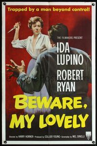 5q072 BEWARE MY LOVELY 1sh '52 cool flm noir image, trapped by a man beyond control!