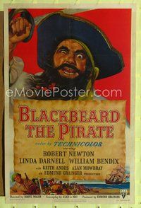 5q087 BLACKBEARD THE PIRATE 1sh '52 great close-up art of Robert Newton in the title role!