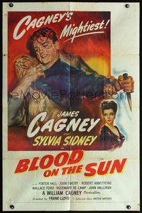 5q097 BLOOD ON THE SUN 1sh '45 great artwork of James Cagney w/knife, plus sexy Sylvia Sidney!