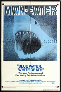 5q104 BLUE WATER, WHITE DEATH 1sh R74 cool super close image of great white shark with open mouth!