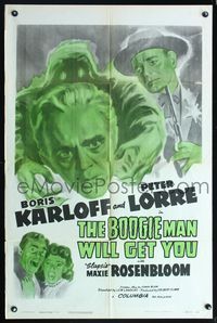 5q113 BOOGIE MAN WILL GET YOU 1sh R48 cool artwork of creepy Boris Karloff, Peter Lorre!