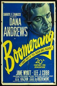 5q116 BOOMERANG 1sh '47 close up art of Dana Andrews, Elia Kazan film noir!