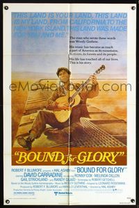 5q129 BOUND FOR GLORY 1sh '76 cool art of David Carradine as folk singer Woody Guthrie on train!