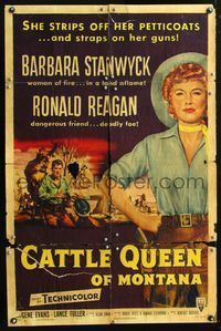 5q165 CATTLE QUEEN OF MONTANA style A 1sh '54 Barbara Stanwyck straps on her guns, Ronald Reagan!