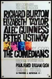 5q177 COMEDIANS 1sh '67 art of Richard Burton, Elizabeth Taylor, Alec Guinness & Peter Ustinov!