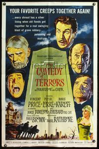 5q178 COMEDY OF TERRORS 1sh '64 art of Boris Karloff, Peter Lorre, Vincent Price, Joe E. Brown!
