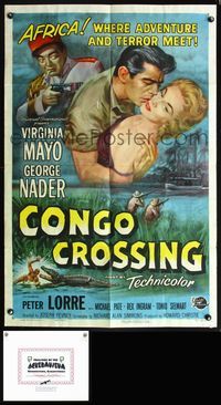 5q183 CONGO CROSSING 1sh '56 art of Peter Lorre pointing gun at Virginia Mayo & George Nader!