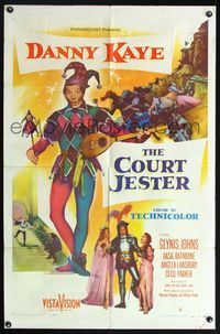 5q187 COURT JESTER 1sh '55 classic wacky Danny Kaye as jester, in suit of armor!