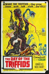 5q191 DAY OF THE TRIFFIDS 1sh '62 classic English sci-fi horror, cool art of monster with girl!