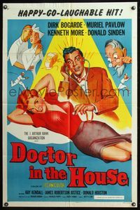 5q208 DOCTOR IN THE HOUSE 1sh '55 great art of Dr. Dirk Bogarde examining super sexy babe!