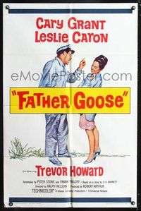 5q243 FATHER GOOSE 1sh '65 art of sea captain Cary Grant yelling at pretty Leslie Caron!