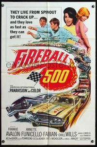 5q247 FIREBALL 500 1sh '66 race car driver Frankie Avalon & sexy Annette Funicello, cool art!
