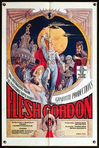 5q256 FLESH GORDON 1sh '74 sexy sci-fi spoof, wacky erotic super hero art by George Barr!