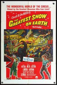 5q295 GREATEST SHOW ON EARTH 1sh R61 Cecil B. DeMille circus classic,Charlton Heston, James Stewart!