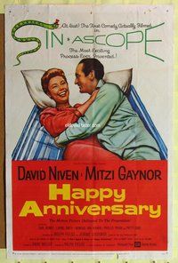 5q298 HAPPY ANNIVERSARY 1sh '59 great romantic art of David Niven & Mitzi Gaynor in bed!