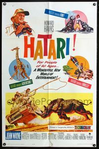 5q301 HATARI 1sh '62 John Wayne, Howard Hawks, great artwork images of Africa!